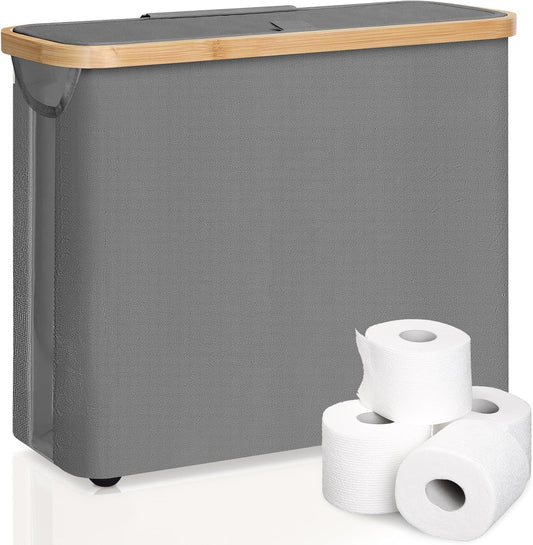 CARLA HOME Toilet Paper Basket – Holds 12 Rolls with Bamboo Lid & Handles (Grey / White / Black)