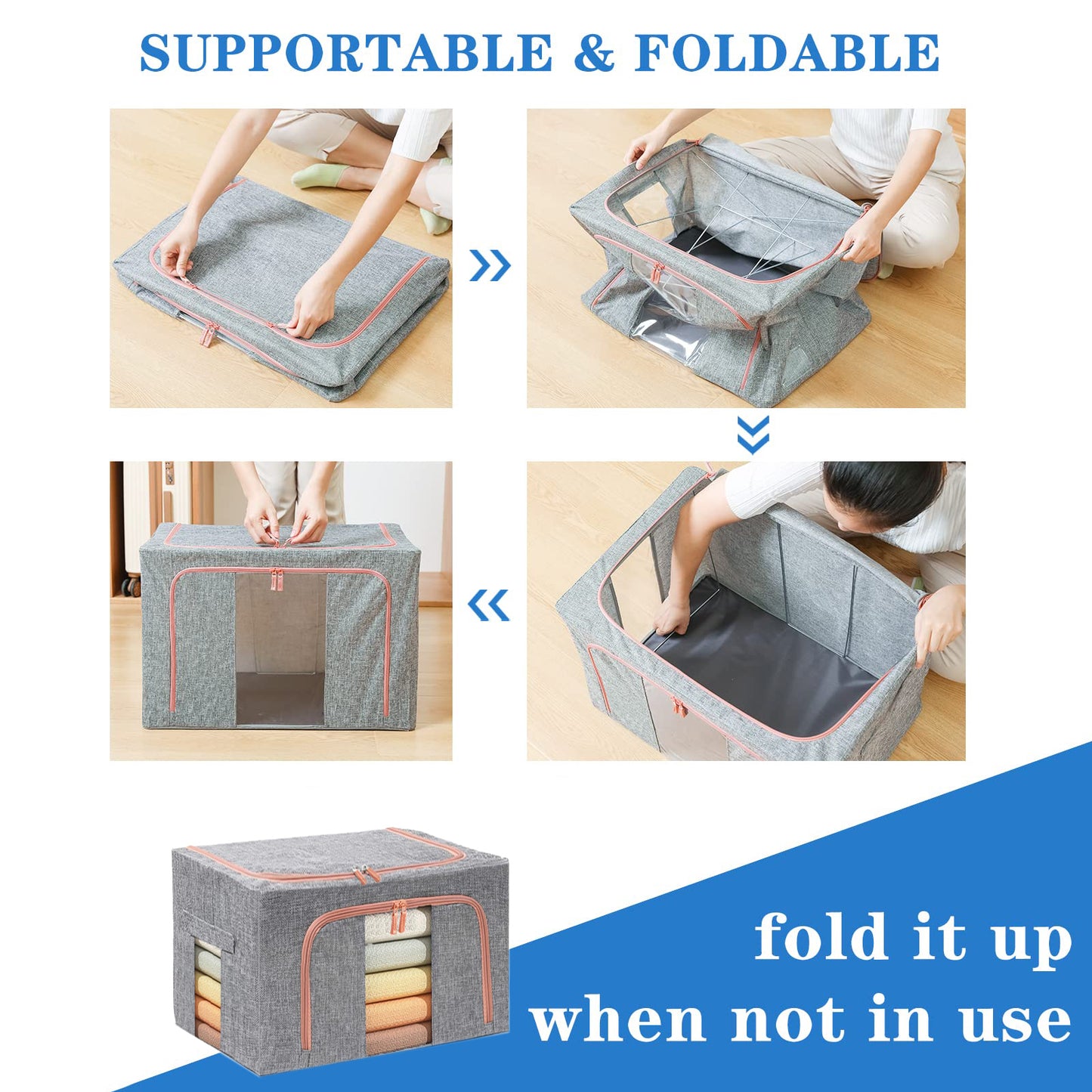 100L Foldable Linen Storage Box – Grey Closet Organiser with Metal Frame