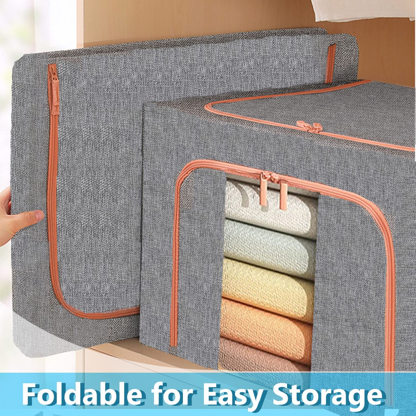 100L Foldable Linen Storage Box – Grey Closet Organiser with Metal Frame
