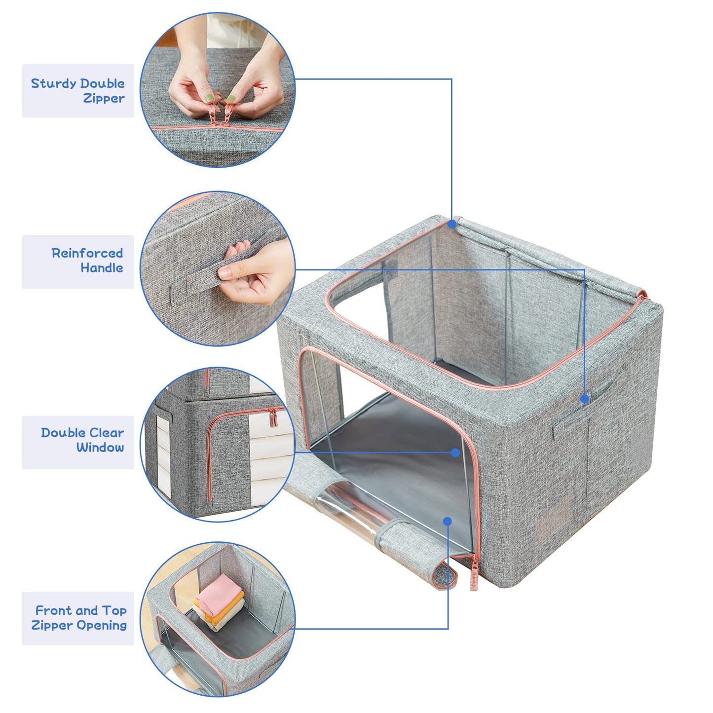 100L Foldable Linen Storage Box – Grey Closet Organiser with Metal Frame